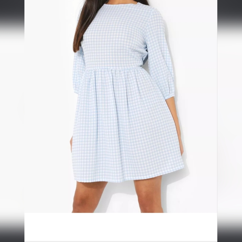 PETITE GINGHAM PRINT WOVEN SMOCK DRESS P12 BLUE/WHITE